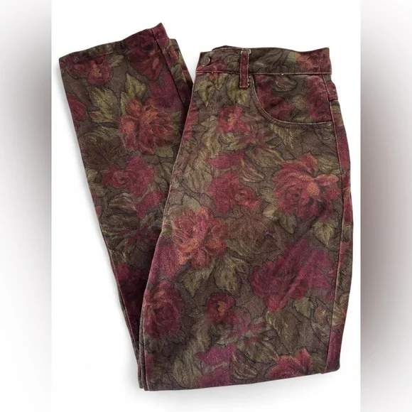 Vintage Bill Blass Floral Straight leg Jeans in Burgundy and Olive - Picture 1 of 8